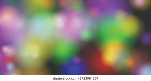 This image captures a vibrant and abstract scene of colorful light bokeh. The lights are blurred, creating a dreamy and ethereal atmosphere with a variety of colors including green, purple, yellow, and blue. The soft focus effect gives the image a sense of depth and mystery, making it visually appealing and artistic.