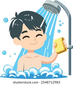 Esta Imagen es una ilustración de dibujos animados de un niño tomando una ducha. El niño sonríe y sostiene una esponja amarilla en una mano mientras está de pie bajo una ducha con agua que fluye hacia abajo.