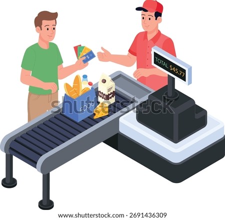 This image is a cheerful, isometric illustration depicting a grocery shopping experience at the checkout counter.