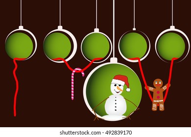 This is image of christmas balls with snowman and gingerbread