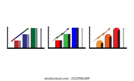 This image is a collection of infographic vector illustrations featuring a bar chart with ascending bars, representing growth or progress