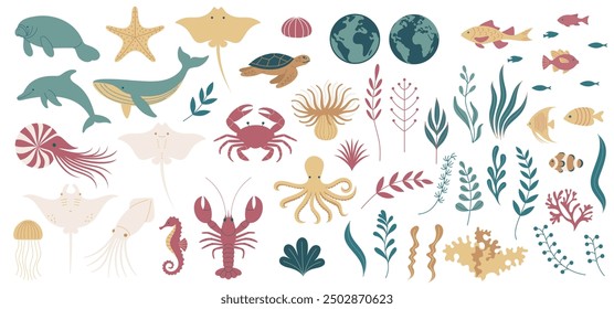 This image is a collection of sea elements including various fish, seaweed.