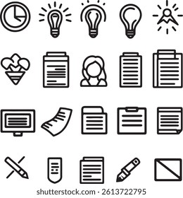 This image is a collection of simple, black and white, outline business icons.