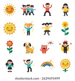 This image is a collection of vector graphics featuring illustrations of the sun, people, flowers, animals, a rainbow, and other cheerful icons on a white background.