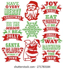 This image is a collection of vintage inspired paper cut style christmas word arts with decorative christmas symbols. 