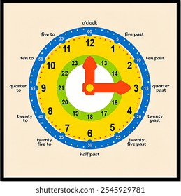 
This image is a colorful educational clock designed to help learners tell time