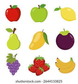 This image is a colorful illustration of nine different fruits arranged in a 3x3 grid on a white background. Each fruit is depicted in a simple, cartoon-like style with bold colors and clean shapes.
