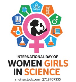 Esta imagem comemora o Dia Internacional das Mulheres e Meninas na Ciência . Ele apresenta um proeminente símbolo de Vênus rosa, representando a feminilidade, encerrando uma silhueta de uma mulher olhando para um microscópio, simbolizando a exploração científica. Ao redor do símbolo de Vênus, em um padrão hexagonal, estão vários ícones representando diferentes campos científicos: uma lupa para pesquisa, uma fita de DNA para genética, um frasco para química, tubos de teste para trabalho de laboratório, um anel para física e um documento para conhecimento. O texto "Dia Internacional das Mulheres Meninas na Ciência" é exibido abaixo do gráfico, enfatizando o tema da inclusão e do empoderamento das mulheres em CTEM.