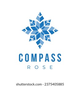 esta es una imagen de una rosa brújula de color azul en un estilo moderno y plano sobre un fondo blanco que se forma como un copo de nieve