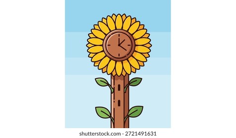 Esta Imagen es una ilustración conceptual con un girasol con un reloj en el centro. Representa la intersección del tiempo y la naturaleza, simbolizando el crecimiento, las estaciones y la esencia cíclica de