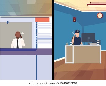 This image consist a calling scenery of a bank officer with a police officer. A officer calling to the pollice for money launderting and terrorist attack in bank. Police is talking with bank manager.