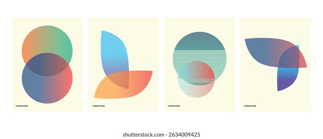 This image consists of four modern abstract style vector artworks with a cream background and geometric elements that utilize color gradient techniques and transparency.