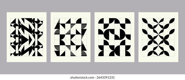 This image consists of four panels of modern geometric graphic design, each on a cream background and arranged horizontally within a gray frame.Each panel features a symmetrical black-and-white patern
