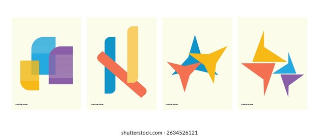 Esta imagem consiste de quatro painéis visuais que apresentam composições gráficas abstratas em um estilo moderno e minimalista. 