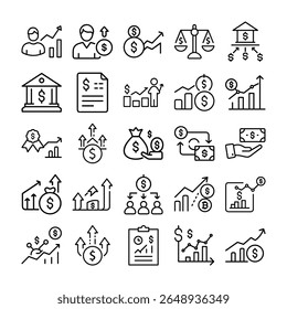 Esta imagem contém uma coleção de ícones da arte em preto e branco que retratam conceitos financeiros como crescimento, investimento e sucesso econômico.