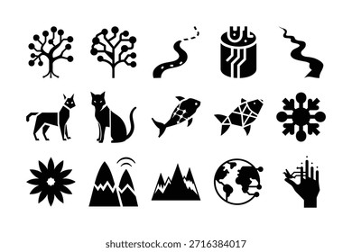 Esta Imagen contiene una colección de íconos en blanco y negro que representan varios Elementos de la naturaleza y el medio ambiente. Los iconos incluyen árboles, animales, agua, copos de nieve, montañas, un girasol, un globo terráqueo y una mano que sostiene una planta. Estos símbolos subrayan colectivamente la importancia de la protección del medio ambiente y de los Elementos naturales.