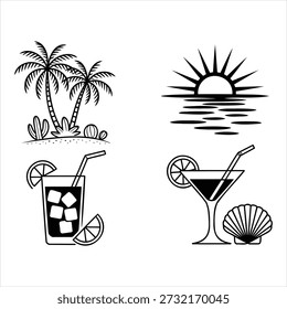 This image contains a collection of black and white line art icons representing a tropical summer theme. On the left, there are two palm trees, a cactus, and a glass filled with ice, a straw, and citrus slices. On the right, a stylized sun sets or rises over water, accompanied by a martini glass with a lime and straw, and a seashell. The icons are simple and clean, suitable for various design applications.