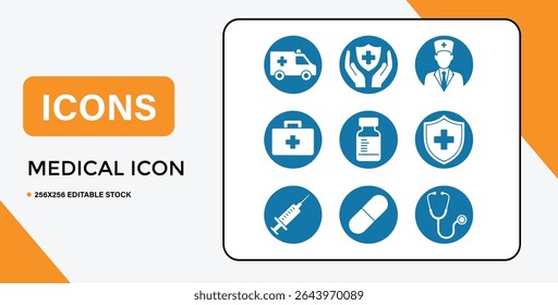 This image contains a collection of nine medical icons, including ambulance, doctor, stethoscope, and medicine, all in blue circles.