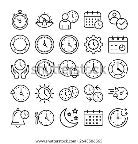 This image contains a collection of outline icons related to time, schedules, and reminders, all presented on a clean white background.