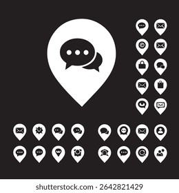 Esta imagem contém uma coleção de ícones vetoriais simples, brancos, em um plano de fundo preto. 