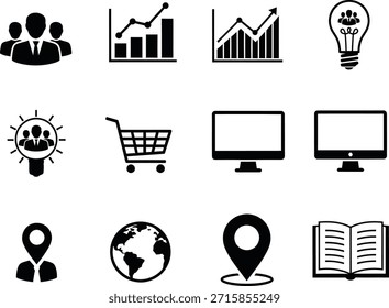 Esta imagem contém uma coleção de vários ícones representando diferentes aspectos de negócios e tecnologia. Os ícones incluem símbolos para pessoas, gráficos, ideias, compras, computadores, conexões globais e conhecimento.