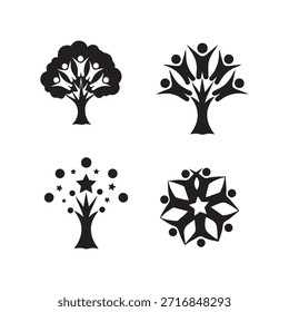 Esta Imagen contiene cuatro logotipos abstractos, cada uno con una estructura en forma de árbol. Los logotipos de la parte superior izquierda y superior derecha representan árboles con figuras humanas estilizadas integradas en sus doseles, lo que sugiere comunidad o crecimiento. El logotipo de la parte inferior izquierda muestra un árbol con estrellas y círculos adornando sus ramas, evocando un sentido de aspiración o celebración. El logotipo inferior derecho presenta un diseño más geométrico, similar a un mandala que también se asemeja a un árbol, posiblemente simbolizando la unidad o la estructura compleja. Todos los logotipos están representados en un estilo de silueta simple y negra sobre un fondo blanco.