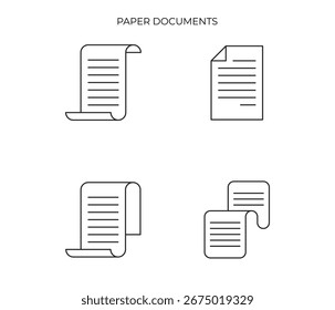 Esta Imagen contiene cuatro íconos de documentos en blanco y negro, cada uno con líneas Horizontales para representar texto. Los estilos varían desde páginas simples hasta pergaminos clásicos.