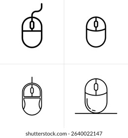 This image contains four different computer mouse icons displayed in a grid, each showcasing variations in design and style with clean, black outlines against a crisp white backdrop.