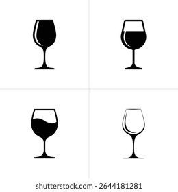 This image contains four distinct black and white illustrations of wine glasses. Each glass is depicted with a different level of liquid inside or empty, set against a white background.