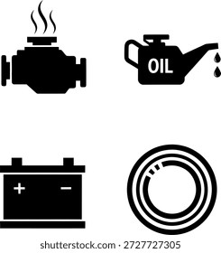 Esta Imagen contiene cuatro símbolos distintos relacionados con el mantenimiento del vehículo. De arriba a izquierda a derecha, los símbolos representan el sobrecalentamiento del motor, el nivel de aceite, la batería del automóvil y la presión de los neumáticos.
