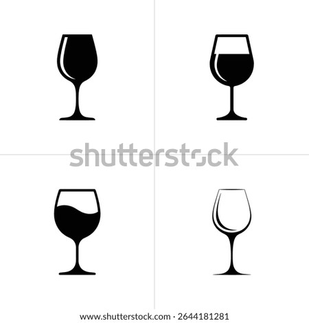 This image contains four distinct black and white illustrations of wine glasses. Each glass is depicted with a different level of liquid inside or empty, set against a white background.