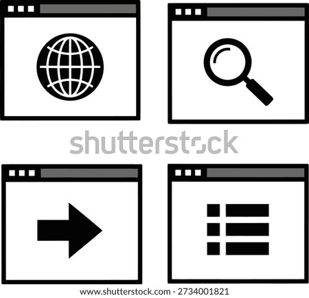 This image contains four icons. The first icon depicts a globe inside a window, symbolizing web browsing. The second icon shows a magnifying glass, representing searching. The third icon features a right arrow within a window, indicating navigation. The fourth icon displays a grid of squares, signifying organizing or managing content.