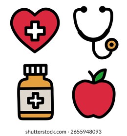 Esta Imagen contiene cuatro íconos simples y planos relacionados con la salud