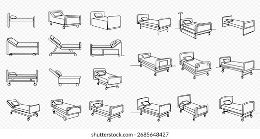 Esta imagem contém vários desenhos de linha de camas de hospital em diferentes estilos e posições.