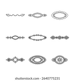 This image contains nine different black and white decorative frames and borders, each with a unique and intricate design on a white background.