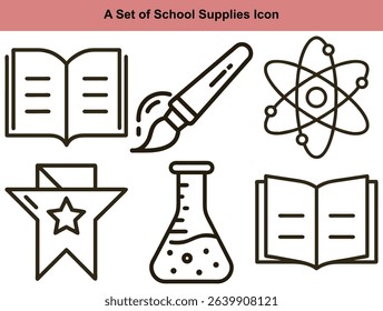 This image contains outlined educational icons, including an open book, a paintbrush, an atom, a star banner, and an Erlenmeyer flask, designed for education themes.