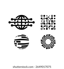 Dieses Bild enthält 4 abstrakte Schwarz-Weiß-Symbole, die globale Netzwerke, digitale Sphären und technische Schaltkreise darstellen. Jedes Design kombiniert geometrische Elemente mit futuristischen Mustern,