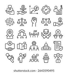 Esta Imagen contiene un conjunto de íconos de línea que representan varios conceptos relacionados con los negocios, la política y los problemas sociales, todos en blanco y negro.