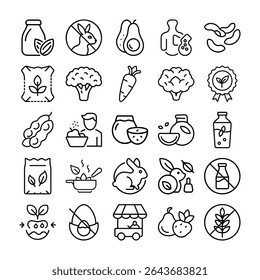 This image contains a set of line art icons representing vegan and vegetarian food items, ingredients, and related concepts.