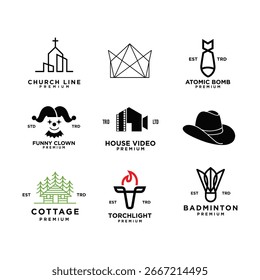 This image contains a set of nine premium modern logo templates suitable for a variety of businesses and brands. The logos include designs for a church, a crown, an atomic bomb