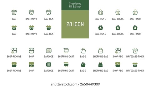 This image contains twenty-eight small, simple icons depicting various shopping-related items and actions.  The icons are in a consistent style.