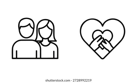 Esta Imagen contiene dos íconos distintos. A la izquierda, hay una representación minimalista de una pareja, representada por dos figuras sin rostro, una ligeramente detrás de la otra, sugiriendo compañía o una asociación. A la derecha, una forma de corazón estilizada encierra otro Pequeño corazón que está sostenido por dos manos, simbolizando amor, cuidado, protección o una profunda conexión emocional. Los íconos se representan en un estilo de arte lineal simple y limpio, que generalmente se usa para íconos web o Elementos de Diseño gráfico.