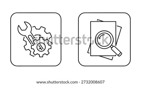 This image contains two distinct icons. The first icon, on the left, depicts a wrench interacting with gears, symbolizing mechanical work, engineering, or technical support. The second icon, on the right, shows a magnifying glass placed over several sheets of paper, representing document analysis, research, or inspection. Both icons are presented in a clean, black-and-white line art style within rounded squares.