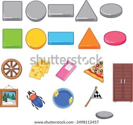 This image contains a variety of shapes and objects, including geometric shapes like circles, squares, triangles, and rectangles, as well as everyday objects like a pizza slice, a door, and a wheel of