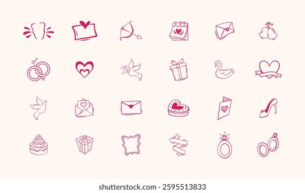This image contains various line-drawn icons related to weddings and love with romantic elements.