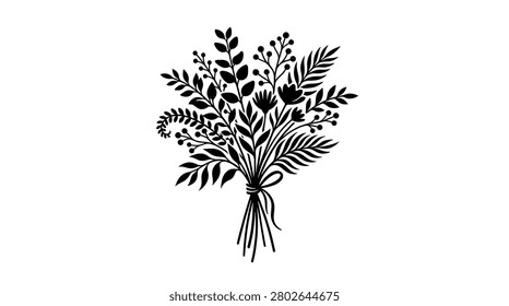 This image is created by Artificial Intelligence. A black silhouette of a bouquet featuring various flowers and leaves tied with a ribbon against a plain white background, evoking a sense of simplicity and elegance, ideal for design and decoration purposes.