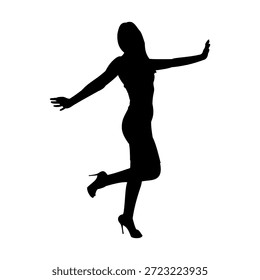 This image is a dancing woman s The figure is depicted in a dynamic expressive pose with one leg raised and arms extended It is a common type of used for logos  related to dance parties or general female figures stock vector photo black and white eps ai illustrate silhouette graphic design background template