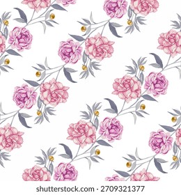 Nesta imagem, um delicado motivo de flor baseado em rosas estilo aquarela envolve um fundo branco sólido. As flores, a maior parte da imagem, estão dispostas em quatro a seis linhas cada.