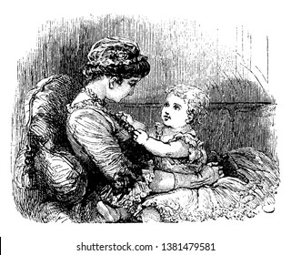 This image is depicting an adorable infant playing with his/her mother's necklace, vintage line drawing or engraving illustration.