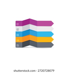 Esta Imagen representa una Plantilla de infografía en capas en 3D, con cinco pasos o categorías diferentes, cada uno representado por un color diferente y numerado para mayor claridad. Las capas se apilan en una formación escalonada, creando un diseño visualmente atractivo y moderno. Los colores utilizados son magenta, gris claro, azul, naranja y gris oscuro, que a menudo se asocian con creatividad, neutralidad, confianza, calidez y profesionalismo, respectivamente.